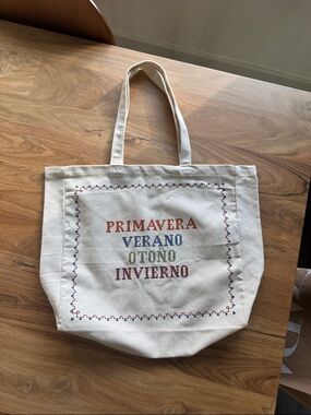 Sezane Cream Canvas Beach and Market Tote with Multicolor Embroidered Seasons